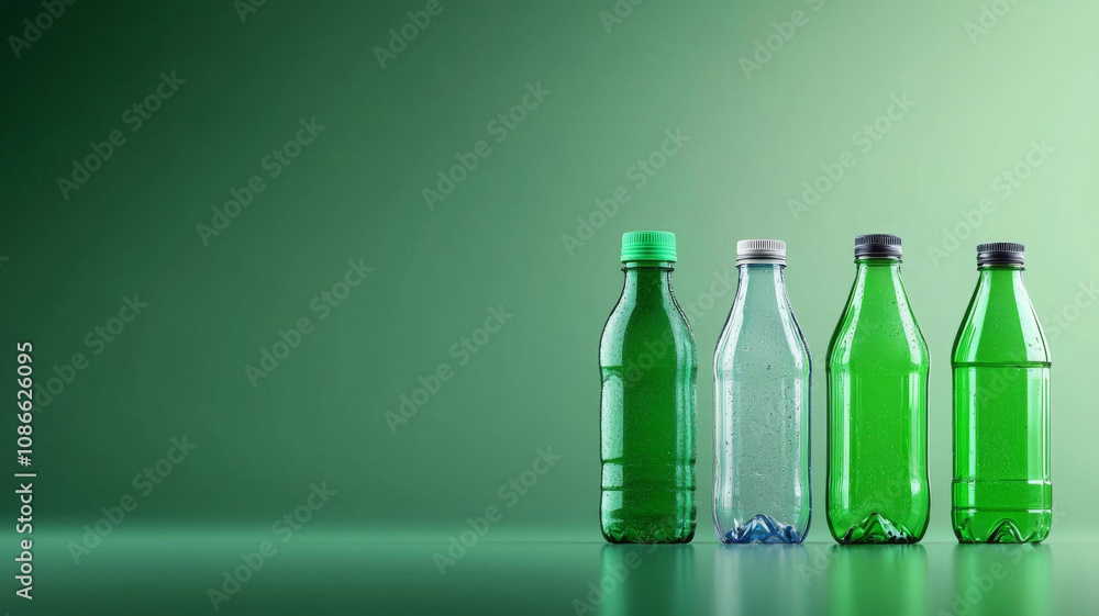 Recycling concept with various plastic bottles on green background Recycling concept with various plastic bottles on green background