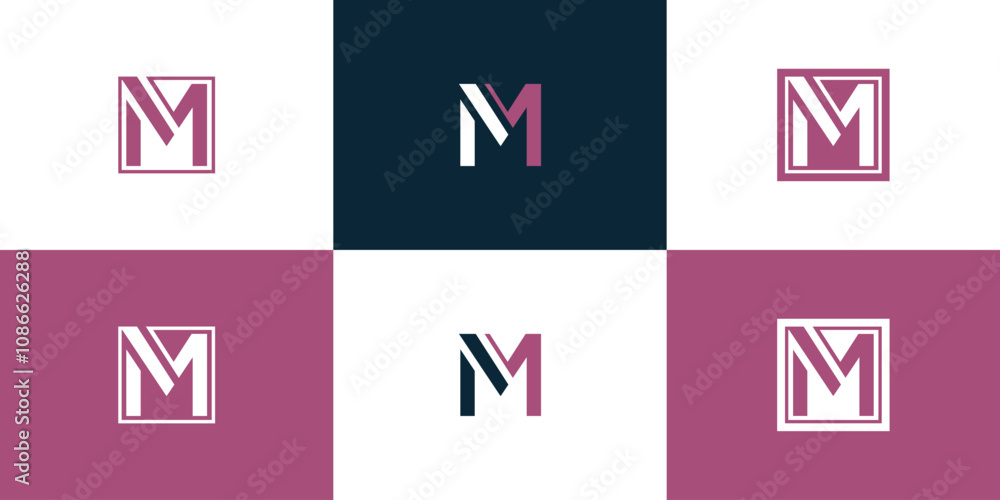 Letter M logo set in a moden style with cut out slash and lines Letter M logo set in a moden style with cut out slash and lines