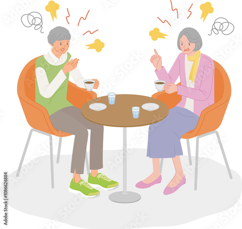 シニアライフ：友人とカフェでけんかして怒るシニア女性