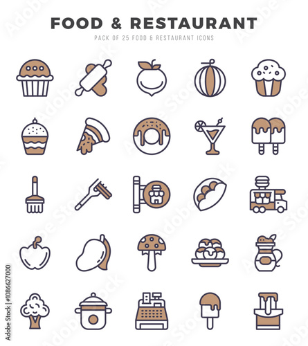 Set of simple Two Color Food and Restaurant Icons. Two Color art icons pack.