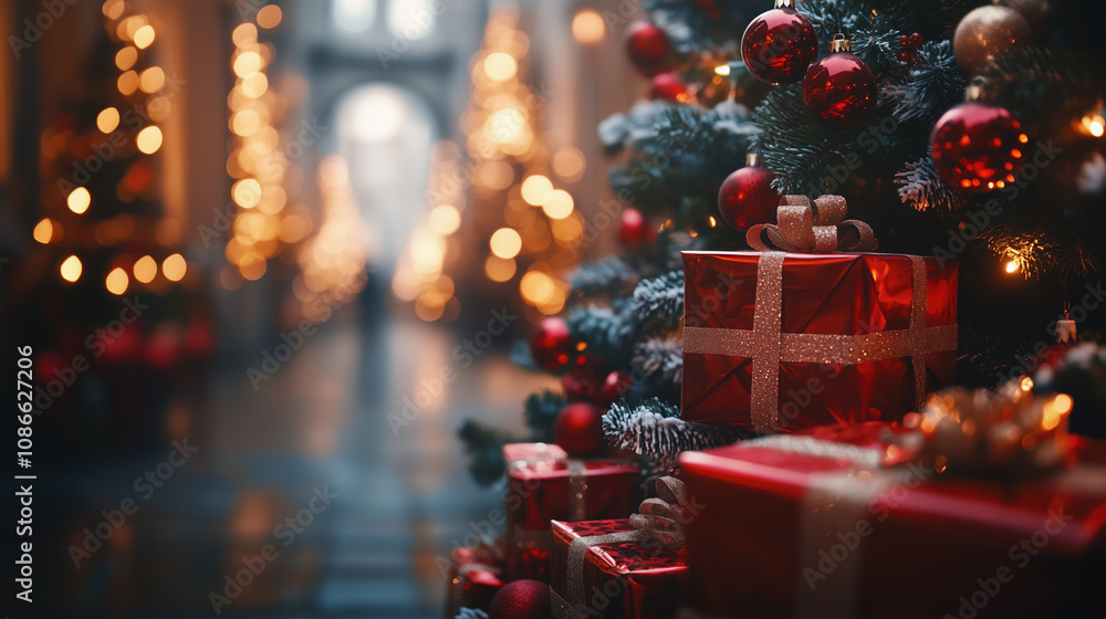 festive Christmas scene with decorated tree and gifts festive Christmas scene with decorated tree and gifts