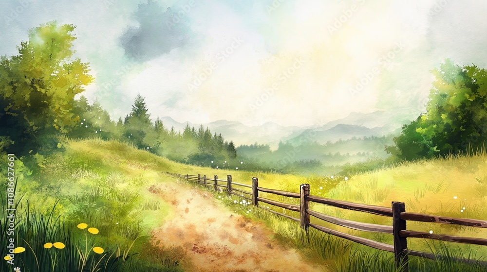Rural Watercolor Landscape with Serene Pathway Rural Watercolor Landscape with Serene Pathway