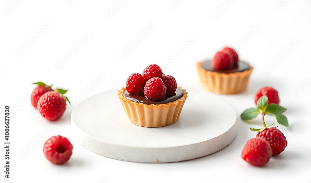 Delicious Chocolate Raspberry Tarts on a Marble Plate. AI Generated Delicious Chocolate Raspberry Tarts on a Marble Plate. AI Generated
