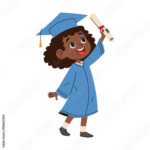 Happy kid in graduation costume holding diploma. Education concept. Hand drawn style