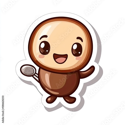 Cartoon Illustration of a Smiling Brown Character with Large Eyes Holding a Spoon