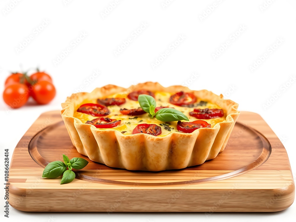Delicious Tomato and Basil Tart on Wooden Board. AI Generated Delicious Tomato and Basil Tart on Wooden Board. AI Generated
