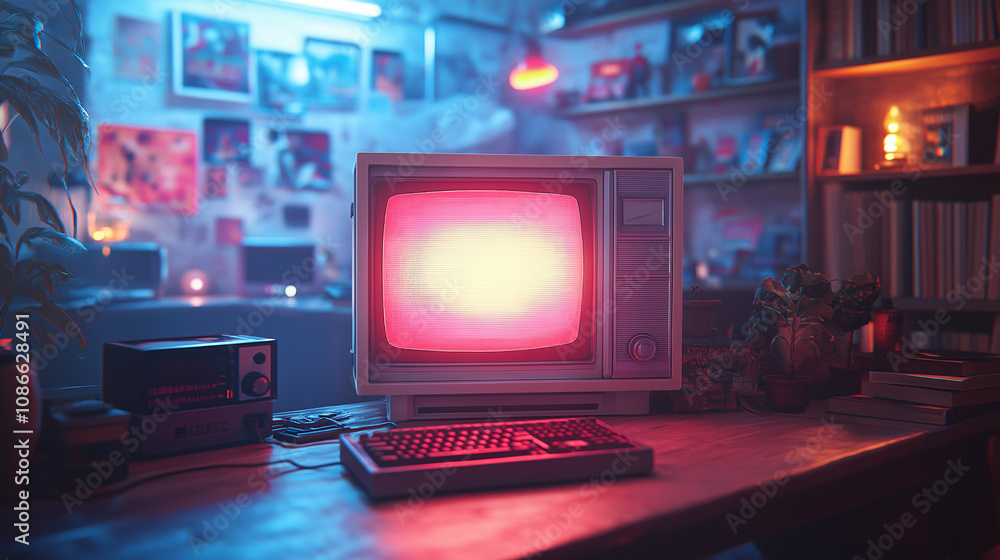 Retro TV in a room with shelves of books and various objects Retro TV in a room with shelves of books and various objects