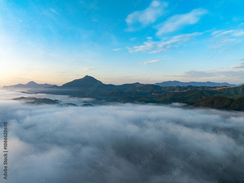 Drone aerial view of landscape mountains view in sunrise or sunset time,High angle view over countryside at northern Vietnam Drone aerial view of landscape mountains view in sunrise or sunset time,High angle view over countryside at northern Vietnam