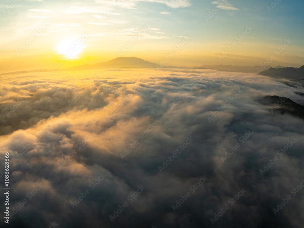 Drone aerial view of landscape mountains view in sunrise or sunset time,High angle view over countryside at northern Vietnam Drone aerial view of landscape mountains view in sunrise or sunset time,High angle view over countryside at northern Vietnam