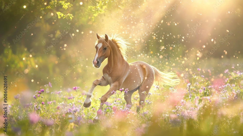 Joyful Young Horse Frolicking in Sunny Meadow Among Vibrant Wildflowers - Ultra-Detailed Animal Wholesome Moment Joyful Young Horse Frolicking in Sunny Meadow Among Vibrant Wildflowers - Ultra-Detailed Animal Wholesome Moment