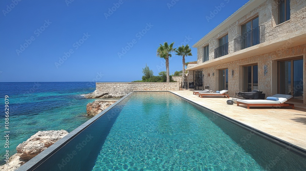 Fototapeta premium A luxurious villa with a stunning pool overlooking the ocean.