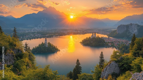 Scenic sunset over a tranquil lake surrounded by mountains and lush greenery.