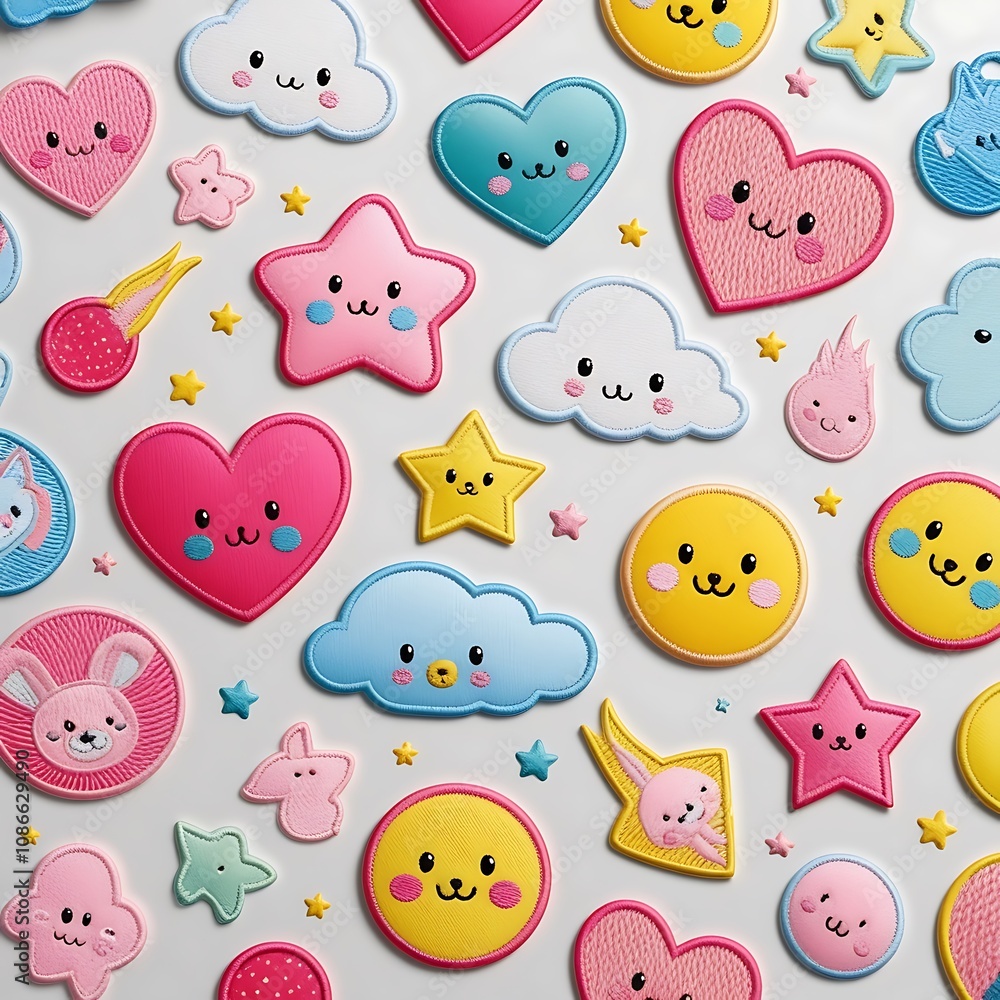 Colorful Kawaii Patches Featuring Cute Clouds and Hearts Colorful Kawaii Patches Featuring Cute Clouds and Hearts