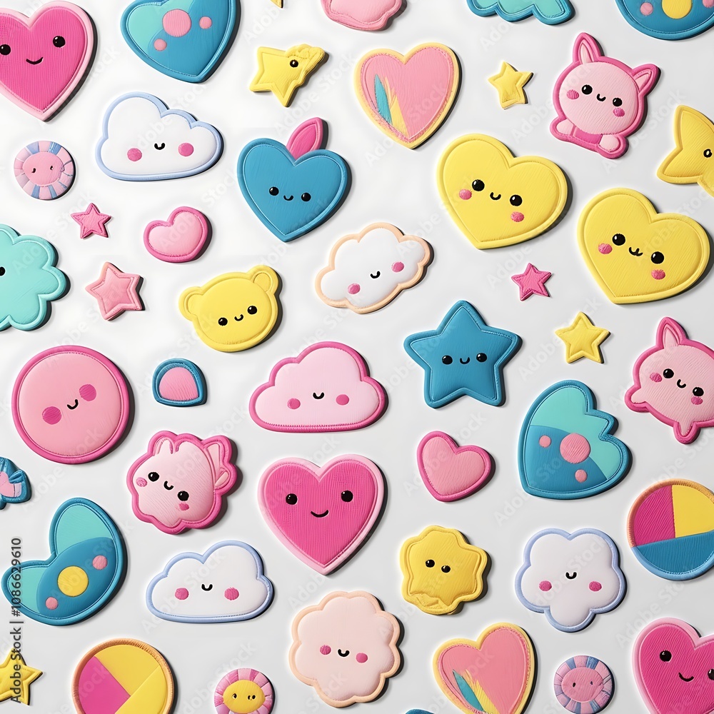 Fototapeta premium Colorful Kawaii Patches Featuring Cute Clouds and Hearts