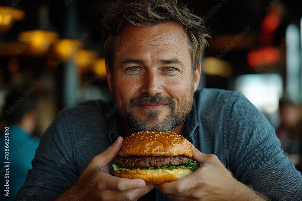 Smiling man holding a juicy cheeseburger in a bustling restaurant Smiling man holding a juicy cheeseburger in a bustling restaurant