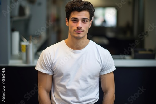 A man in a white shirt is standing in front of a counter