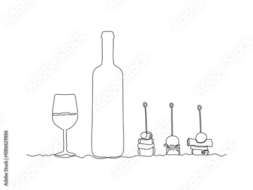 Glass bottle with wine,port, alcohol. wine glass, sandwiches canapes on skewers, continuous single line art drawing sketch, logo