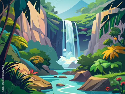 Beautiful waterfall in the middle of a tropical rainforest. In illustration style. Vector file.