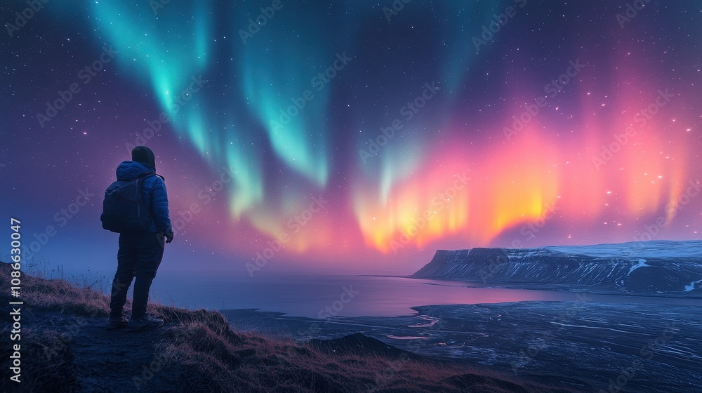A person gazes at vibrant northern lights over a serene landscape. A person gazes at vibrant northern lights over a serene landscape.
