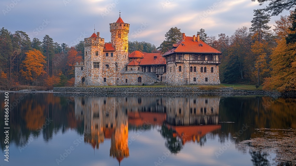 Fototapeta premium A picturesque castle reflecting in a serene lake surrounded by autumn foliage.