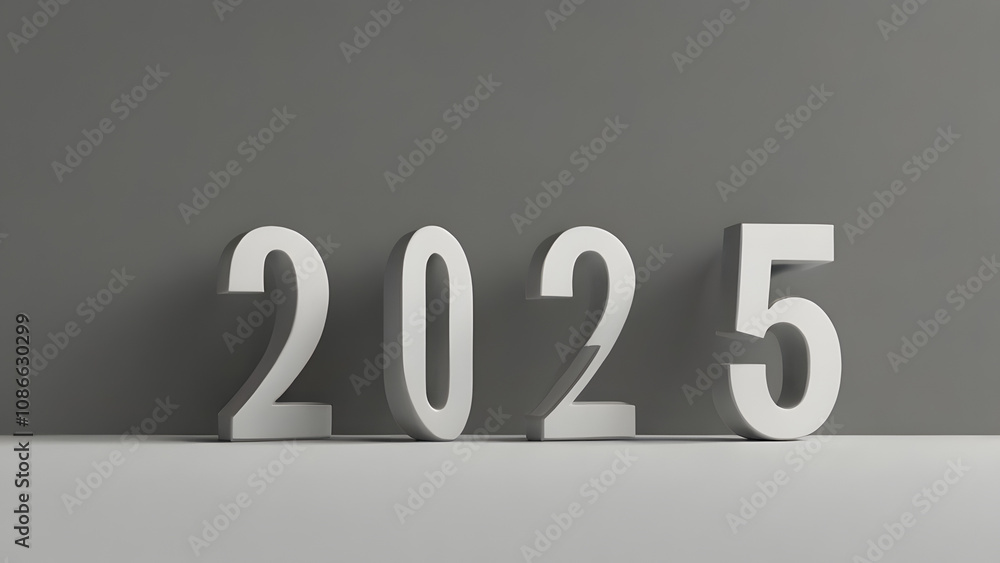 New 2025 year minimalistic gray numbers in half-turn frame on light background New 2025 year minimalistic gray numbers in half-turn frame on light background