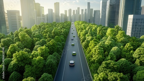 Sustainable and greenery environmental concept. Lush greenery alongside a modern city road with vehicles.