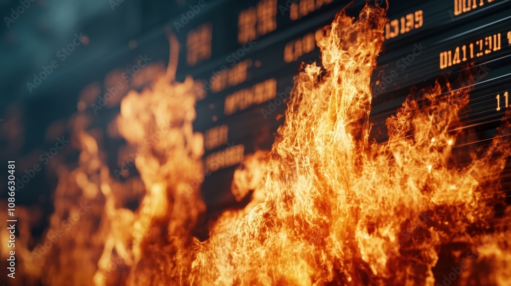 Obraz premium Close-up of a stock ticker in flames, illustrating the volatility and common investing mistakes in the market.