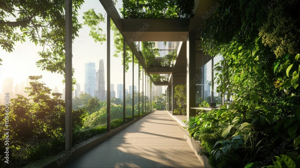 sustainable and greenery environmental concept. Lush greenery lining a modern glass corridor in a cityscape. sustainable and greenery environmental concept. Lush greenery lining a modern glass corridor in a cityscape.