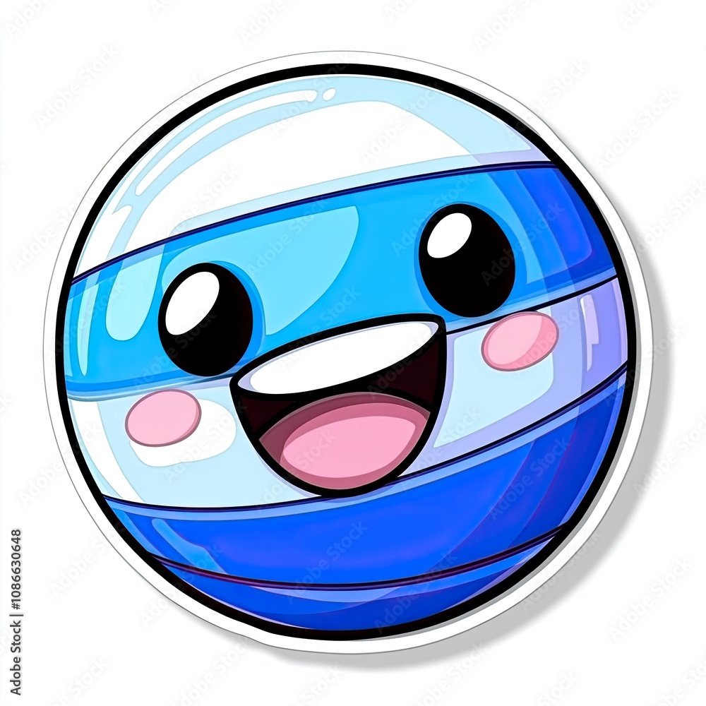 Cartoon Blue and White Striped Sphere with Smiling Face Cartoon Blue and White Striped Sphere with Smiling Face