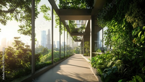 sustainable and greenery environmental concept. Lush greenery lining a modern glass corridor in a cityscape.