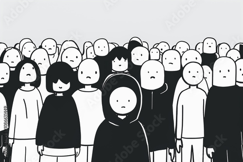 Black-and-white illustration featuring a large crowd of simplified, expressionless figures, with one hooded character standing out in the center. photo