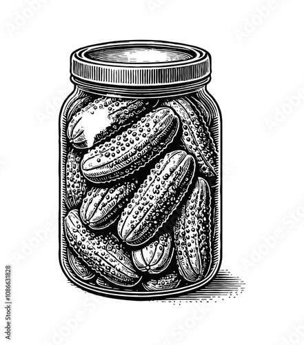 jar of pickles engraving black and white outline