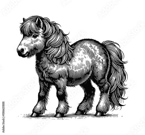 short pony horse engraving black and white outline