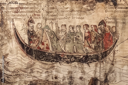 A historic fictional medieval artwork depicting a group of people aboard a boat, observing figures immersed in the sea below during a trial by ordeal