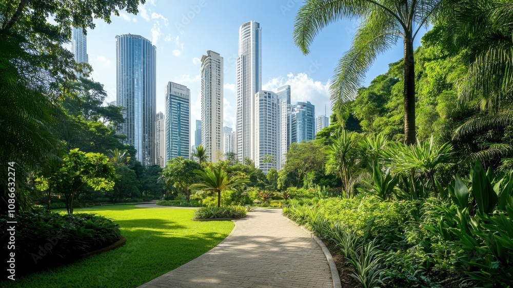 Sustainable and greenery environmental concept. Lush green park with skyscrapers in the background under a blue sky. Sustainable and greenery environmental concept. Lush green park with skyscrapers in the background under a blue sky.