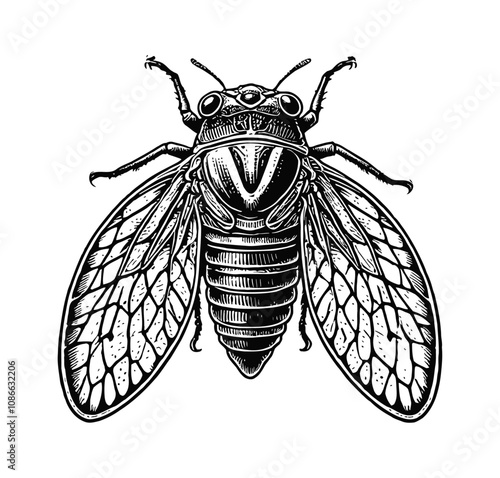 cicada insect engraving black and white outline