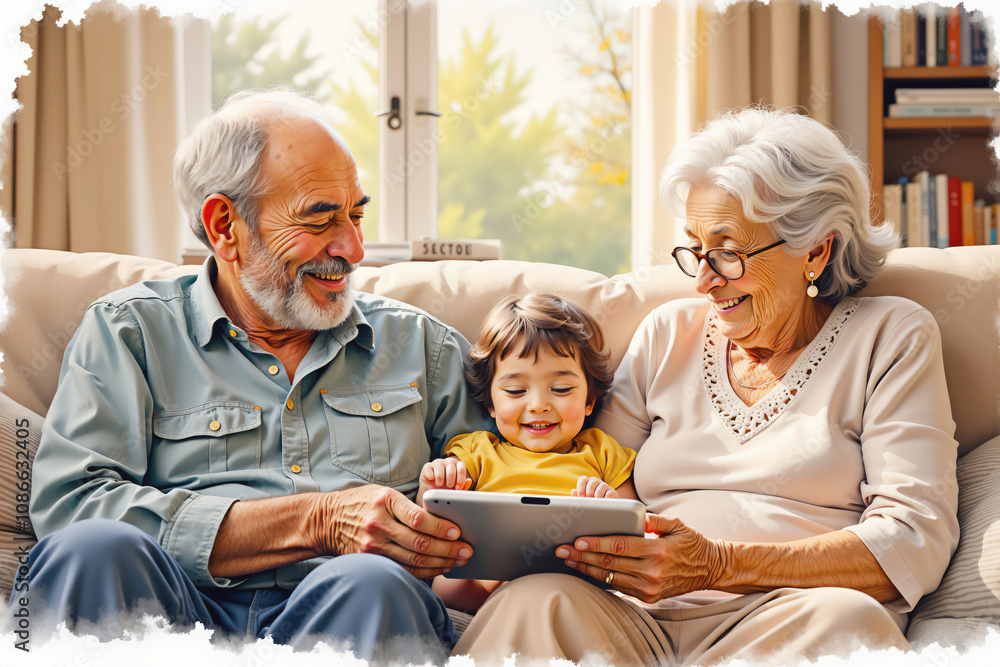 Happy grandparents using digital tablet with granddaughter on sofa at home Happy grandparents using digital tablet with granddaughter on sofa at home