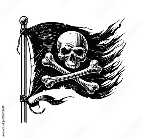 pirate flag black engraving black and white outline