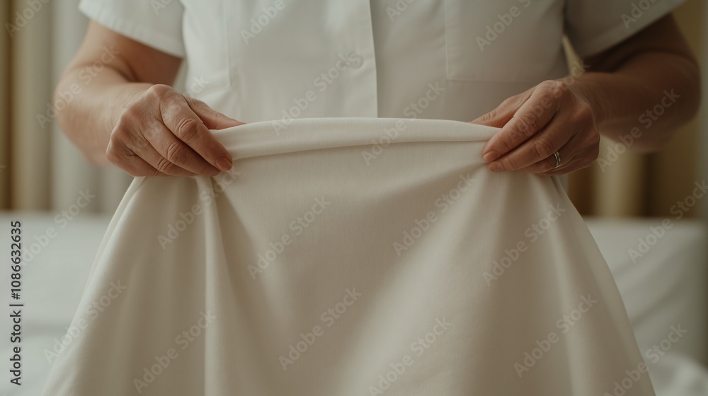 Close-up of hands folding a white sheet, symbolizing cleanliness and care
