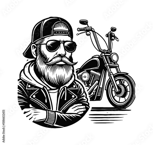 bearded old man in sunglasses and a cap with motorcycle engraving black and white outline