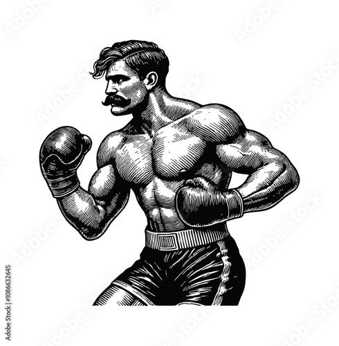 retro boxer engraving black and white outline