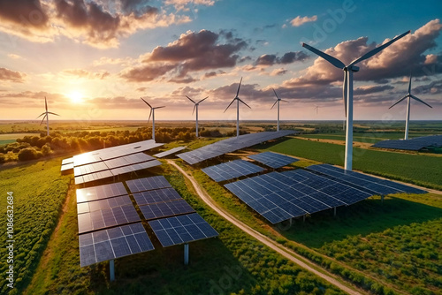 Electric wind windmills and solar panels farm in greenery fields at sunset. Renewable energies, ecology energy for carbon dioxide emission reduction. Eco industry resources concept. Copy ad text space photo