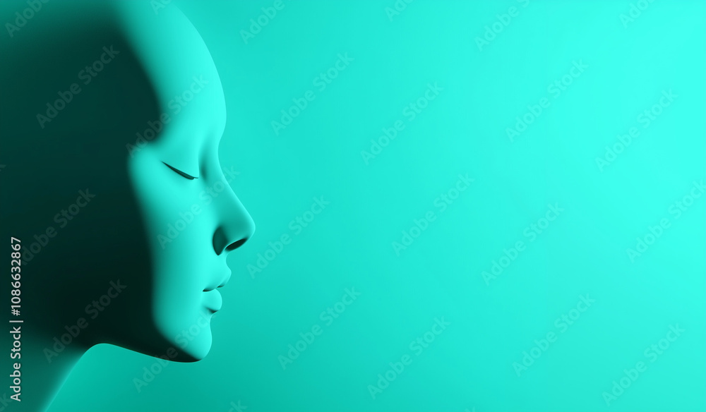 3D abstract human face profile isolated on a vivid teal background 3D abstract human face profile isolated on a vivid teal background