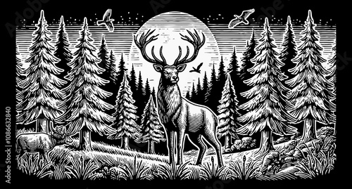 deer with antlers in a forest sun moon engraving black and white outline