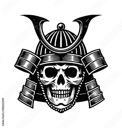 samurai helmet skull engraving black and white outline