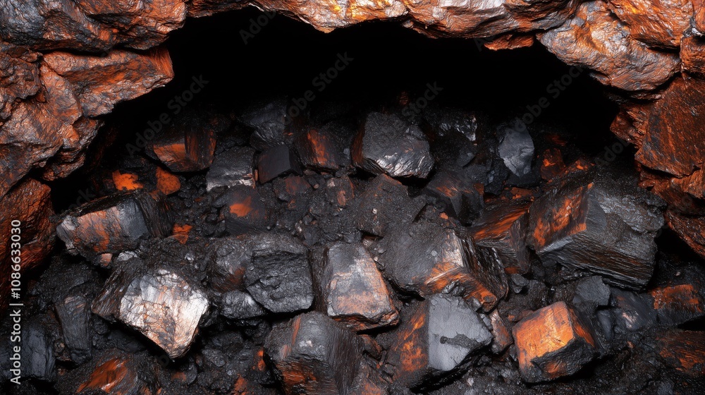 Coal pieces with reddish highlights inside a mining cave Coal pieces with reddish highlights inside a mining cave