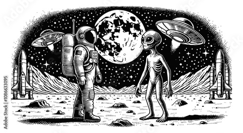 astronaut and alien interaction on a barren moon engraving black and white outline