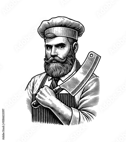 retro butcher holding cleaver knife engraving black and white outline