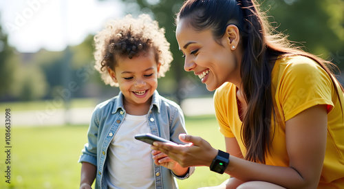 Fototapeta Naklejka Na Ścianę i Meble -  A latina mother uses a smartphone while joyfully playing with her child in a bright, modern park on a sunny day