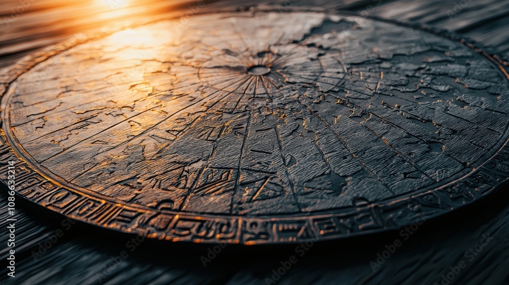 A weathered map engraved onto a bronze plate, its edges detailed with ancient symbols and markings A weathered map engraved onto a bronze plate, its edges detailed with ancient symbols and markings